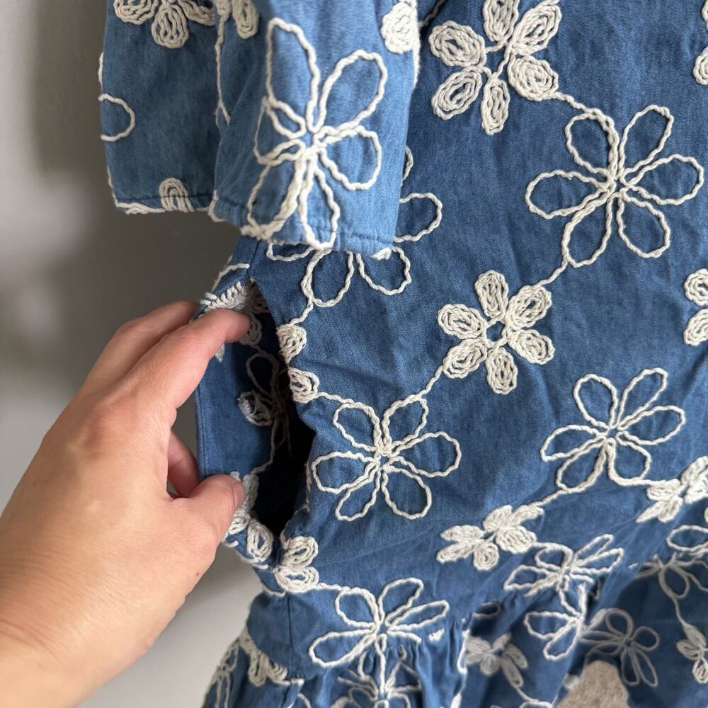 ECI Womens 6 Floral Embroidered Denim Off The Shoulder Dress Blue White Pocket - Picture 8 of 10